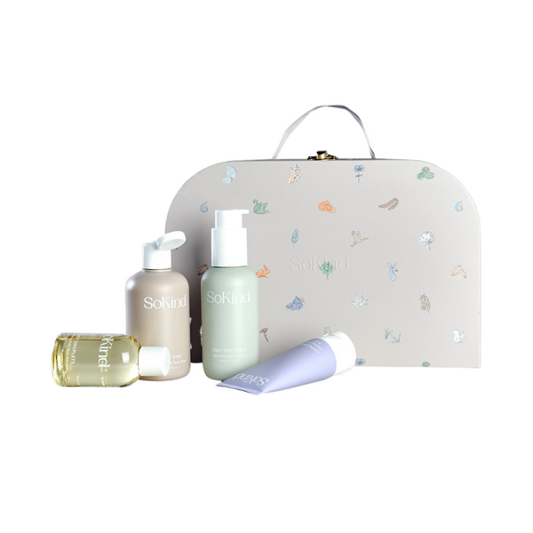 SoKind Baby Skin Care Kit, Shampo & Kroppsvask + Badeolje + Bodylotion + Bleiebalm